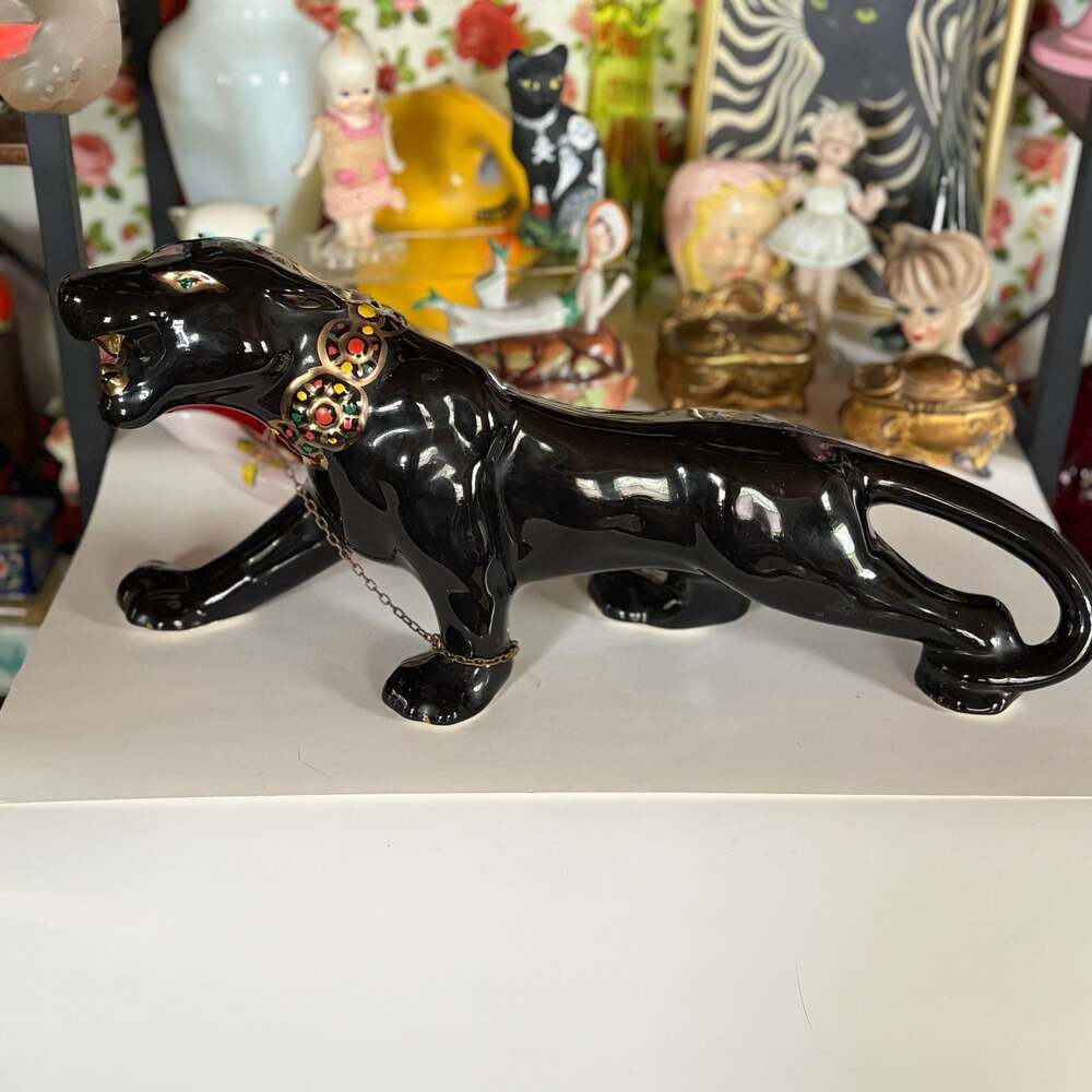 Vintage MCM Ceramic Black Panther w/ Color Gold Details - Green Crystal Eyes 19”